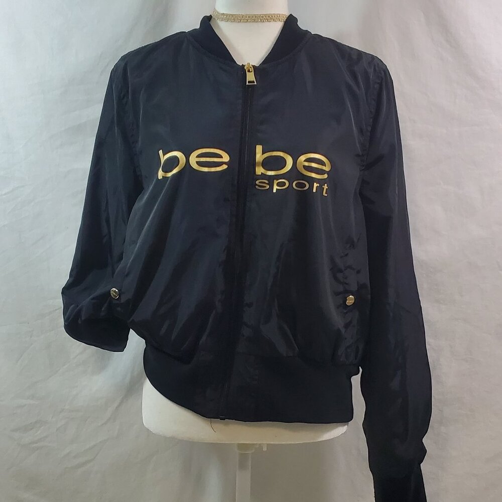 Bebe Sport  Black nylon gold  logo  back lace up Jacket Black XL